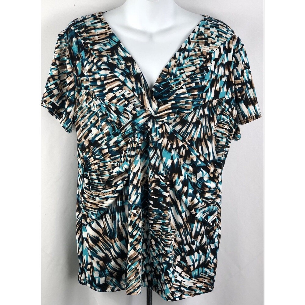Vintage BabyDoll Twist Front Top L Turquoise/Brown Empire Waist Career Boho Y2K